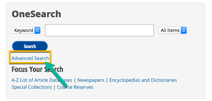 Library homepage with arrow pointing to 'Advanced Search' Link