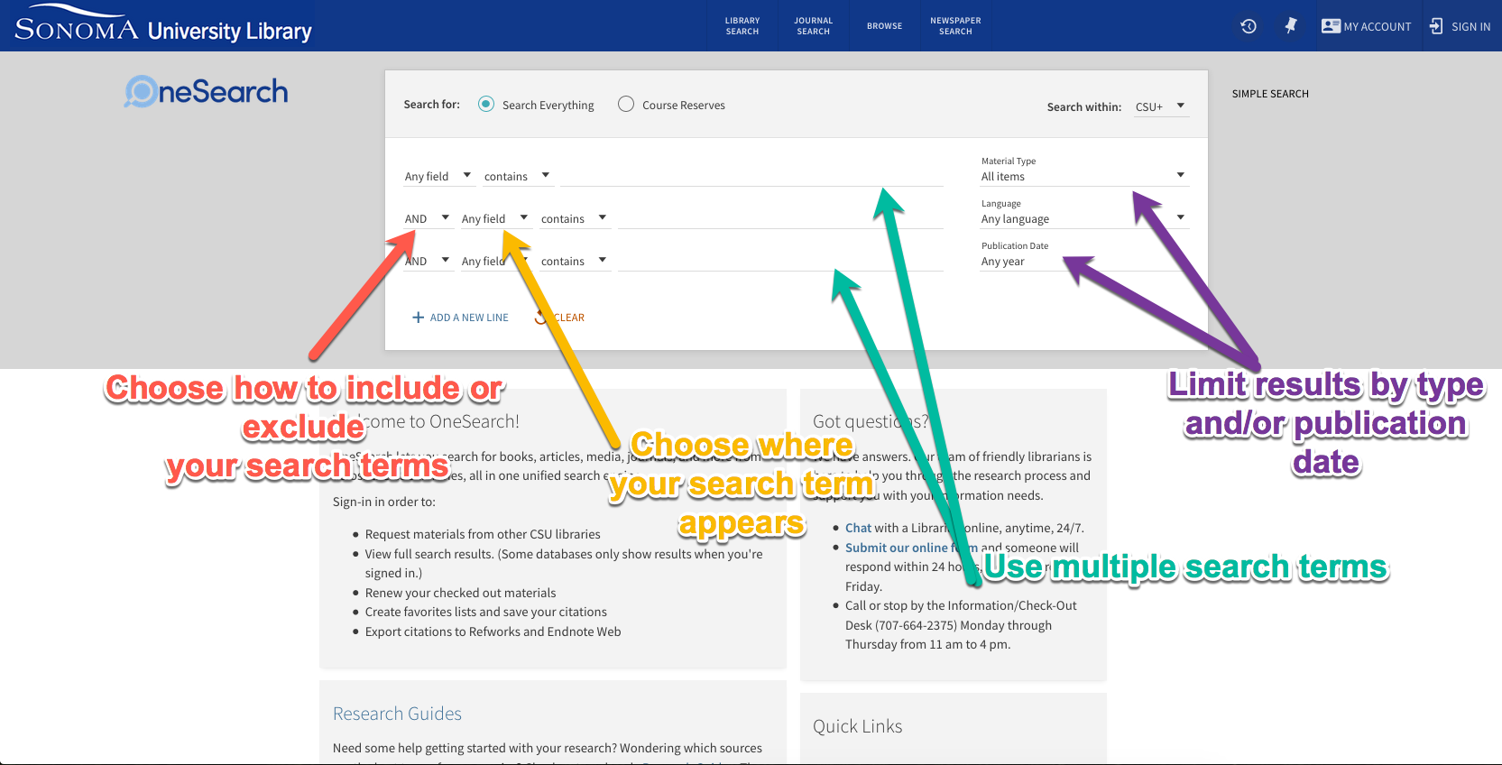 OneSearch's Advanced Search, with callouts on how you can narrow your search 